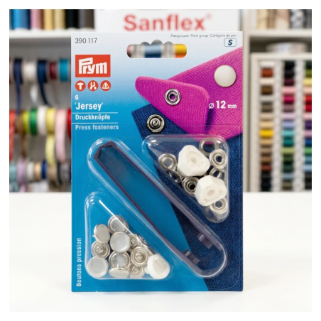 Botones presión Jersey Prym imitación nácar 12 mm, ref. 390117. 6 uds. Sin coser, sin perforar el tejido. Ideales para bebé, rop